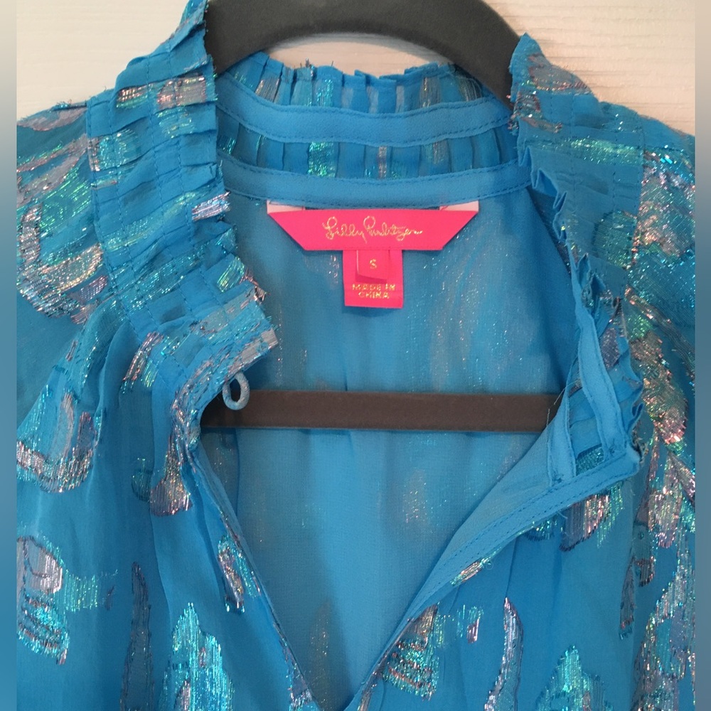 NWOT Lilly Pulitzer Galiana metallic turquoise blue silk blouse S - Picture 5 of 15